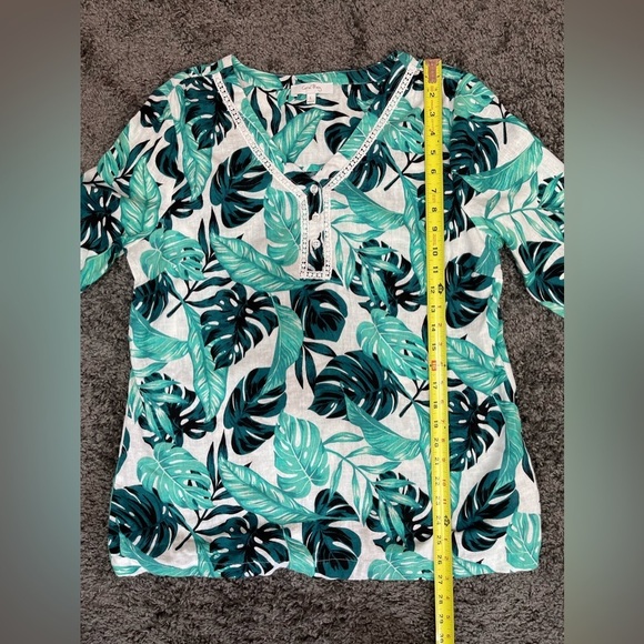 Coral Bay green teal white Monstera leaf print linen blend 3/4 sleeve blouse L - Picture 15 of 17
